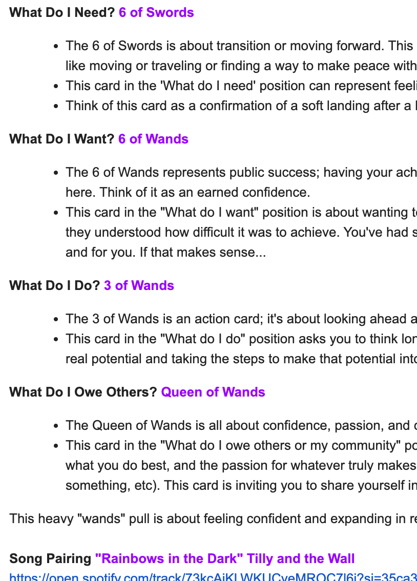 Tarot Tracks: Email Reading + Song Pairing
